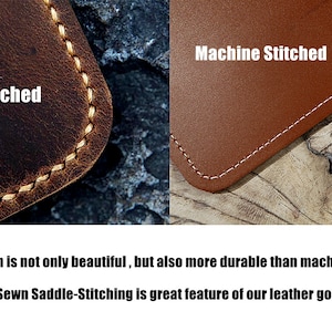 May include: Close-up of two leather pieces showing the difference between hand-stitched and machine-stitched leather. The hand-stitched leather has a more intricate and durable stitch. "Hand stitch is not only beautiful, but also more durable than machine stitch. Hand-Sewn Saddle-Stitching is great feature of our leather goods."
