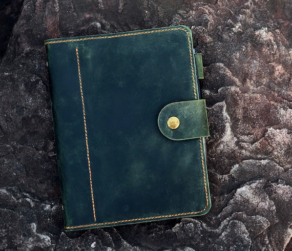 Personalized A5 green distressed leather organizer organiser agenda refillable travel journal binder, vintage leather diary planner NBA522TB