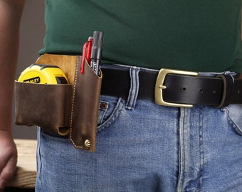 Personalized full grain Leather tape measure holder pouch , belt loop tape measure holster Z04-LTH05C