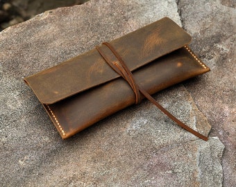 Personalized distressed leather pencil pouch / retro leather pen pencil case / small  cosmetic bag  PP05SS