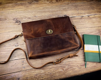 Brown distressed leather computer bag , real full grain leather laptop bags for men , slim leather document bag briefcase CB05S