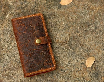 Women embossing leather iPhone 13 12 11 pro wallet case iPhone 13 12 mini wallet tooled leather iPhone X XS Max wallet case cover IP20MW-B