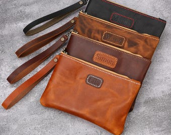 Personalized Leather Makeup Pouch, Custom Name Wristlet Clutch, Bridesmaid Gift T04-LZP