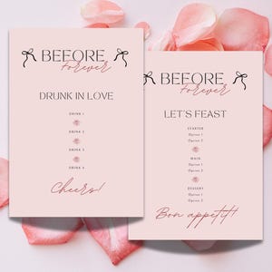 Romantische Hennen Party Bar & Essen Menü Vorlagen | Rose und schwarze Schleife | Bearbeitbare Canva Vorlage | Junggesellinnenabschied | Digitaler Download