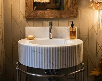 Carrara Hand Carved Stone Sink Bowl – Unique Marble Vessel Sink for Small Bathrooms, Art Deco Vanity Countertop Design M3M047