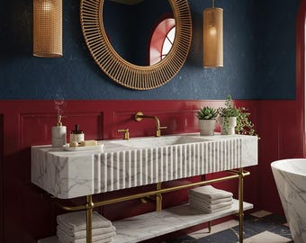 White Carrara Marble Fluted Sink Basin, Wall Mounted Stone Sink Vanity Top For Bathroom Vanity And Luxury Interior Design M3M75
