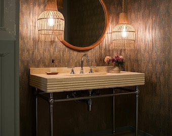Rustic Travertine Vanity Sink – Fluted Beige Stone Bathroom Counter for Modern Farmhouse & Natural Interiors M3M054