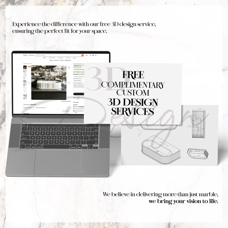 Puede incluir: Un port&aacute;til que muestra un anuncio de Etsy, con una tarjeta que dice "SERVICIOS DE DISE&Ntilde;O 3D PERSONALIZADOS COMPLEMENTARIOS GRATUITOS". Tambi&eacute;n se ven dibujos arquitect&oacute;nicos de una ba&ntilde;era. El texto de la parte superior dice "Experimente la diferencia con nuestro servicio de dise&ntilde;o 3D gratuito."