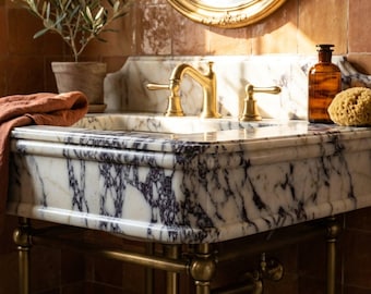 Handmade Calacatta Viola Bathroom Sink with Backsplash and Optional Metal Stand, Polished Remodel Focal Point