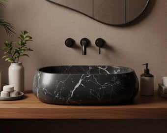 Black Marble Vessel Sink, Stone Bathroom Vanity, Modern Bathroom Decor, Floating Sink, Marble Basin, Custom Stone Sink, Vanity Design M3S057