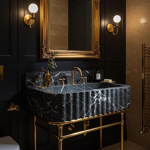 Fluted Marble Sink, Nero Marble Console Sink with Backsplash, Custom Stone Sink for Luxury Bath, Vintage Farmhouse Vanity Design M3M010