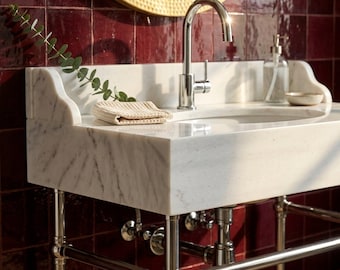 Carrara Hand Carved Marble Pedestal Sink with Backsplash and Optional Metal Stand, Designer Bathroom Upgrade