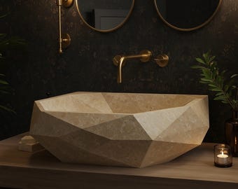 Travertine Sink, Geometric Stone Vessel Sink for Countertop, Modern Bathroom Vanity, Custom Marble Sink Basin for Luxury Design M3S013