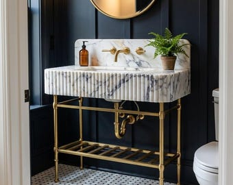 Calacatta Viola Sink | Custom Calacatta Viola Wall Mounted Marble Sink with Backsplash and Optional Metal Stand for Luxury Bathroom Remodel