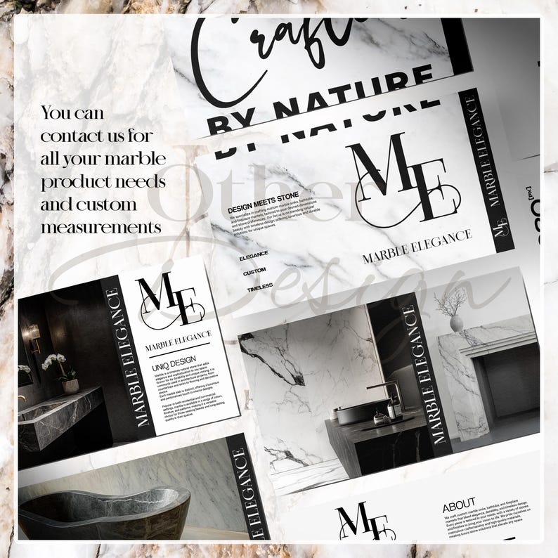 Puede incluir: Una colecci&oacute;n de tarjetas de dise&ntilde;o de productos de m&aacute;rmol con los textos "Craft by Nature" y "Marble Elegance". Las tarjetas muestran diversas necesidades de productos de m&aacute;rmol y medidas personalizadas. El dise&ntilde;o incluye texto e im&aacute;genes en blanco y negro.