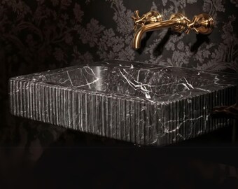 Majestic Black Marble Sink – Fluted Marble Basin with Gold Trim for Luxe Interior M3S038