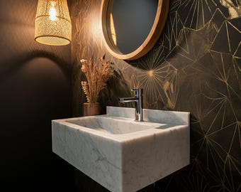Hand Carved Carrara Sink - Custom Marble Vessel Sink with Vanity Countertop for Farmhouse and Art Deco Bathrooms M3S045