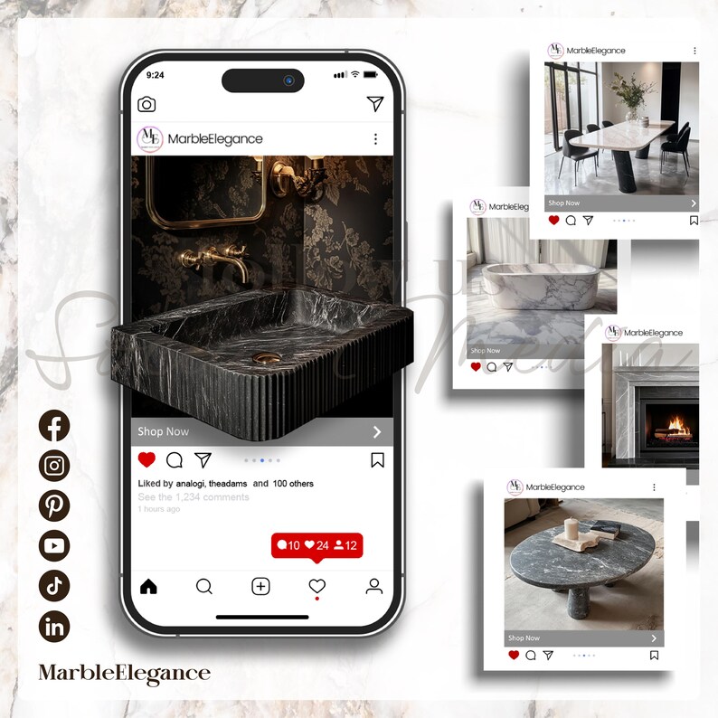 Puede incluir: Una captura de pantalla de un smartphone muestra una publicaci&oacute;n en redes sociales que presenta muebles y accesorios de ba&ntilde;o de m&aacute;rmol. La publicaci&oacute;n presenta un lavabo de m&aacute;rmol negro, una mesa de comedor de m&aacute;rmol, una ba&ntilde;era de m&aacute;rmol, una chimenea y una mesa de centro.