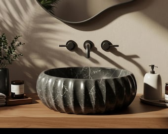 Black Marble Fluted Vessel Sink, Modern Stone Bathroom Vanity, Luxury Marble Basin, Custom Stone Sink, Elegant Floating Vanity M3S049