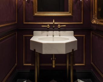 Custom Carrara Marble Sink Vanity – Natural Stone Sink with Marble Sink, Console Sink for Powder Room, Elegant Bathroom Design M3M029