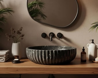 Black Marble Fluted Vessel Sink, Stone Bathroom Vanity, Luxury Marble Basin, Modern Floating Sink, Custom Stone Vanity M3S058