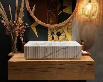 Calacatta Marble Fluted Sink with Natural Oak Floating Vanity – Sculptural Luxury Stone Basin for Modern Spa Retreat Bathrooms M3F044