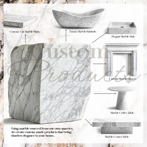 Puede incluir: Una exhibici&oacute;n de productos de m&aacute;rmol personalizados, que incluyen losas, una ba&ntilde;era, un lavabo, una repisa, una mesa de centro y una mesa auxiliar. Los productos son blancos con vetas grises. El texto de la imagen dice "Custom Products" y "Usando m&aacute;rmol extra&iacute;do de nuestras propias canteras, creamos productos a medida que brindan elegancia atemporal a su hogar."