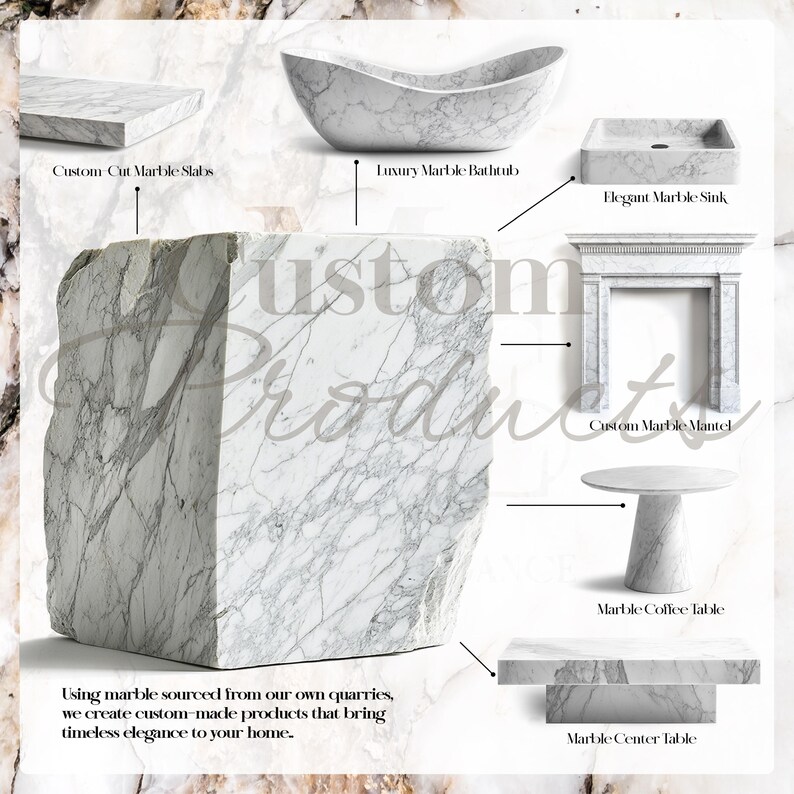 Puede incluir: Una exhibici&oacute;n de productos de m&aacute;rmol personalizados, que incluyen losas, una ba&ntilde;era, un lavabo, una repisa, una mesa de centro y una mesa auxiliar. Los productos son blancos con vetas grises. El texto de la imagen dice "Custom Products" y "Usando m&aacute;rmol extra&iacute;do de nuestras propias canteras, creamos productos a medida que brindan elegancia atemporal a su hogar."