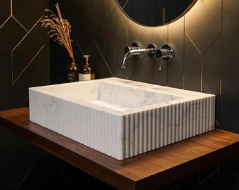 Lavabo in Marmo Carrara Cannelato – Lavabo Rettangolare a Coste per Bagni Moderni