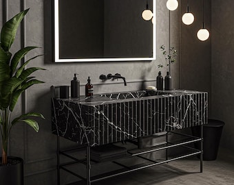 Black Marble Vanity, Fluted Stone Sink, Wall Mounted Sink, Modern Bathroom Vanity, Marble Sink Basin, Custom Marble Sink M3M059