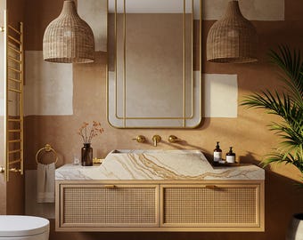 Wall Mounted Sink In Calacatta Gold Marble, Custom Stone Sink Vanity Top For Bathroom, Elegant Marble Sink Basin Design M3F70