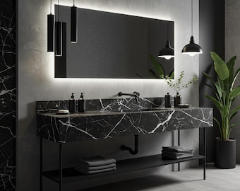 Black Marble Sink, Wall Mounted Vanity, Fluted Stone Basin, Modern Bathroom Sink, Luxury Marble Vanity, Custom Stone Sink M3M039