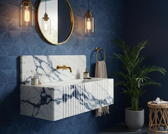Grey Viola Marble Wall Mounted Sink – Fluted Marble Vanity Basin, Custom Natural Stone Sink for Bathroom Vanity, Marble Sink Top M3S83