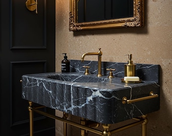 Fluted Black Marble Sink with Brass Legs – Stone Wall Mounted Bathroom Vanity, Luxury Marble Sink Basin for Modern Interior Design M3M005