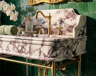 Custom Calacatta Viola Marble Pedestal Sink with Backsplash and Optional Metal Stand, Elegant Powder Room Feature