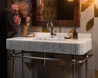 White Carrara Marble Bathroom Sink - Wall Mount Vanity Sink with Marble Countertop for Luxury Bathrooms, Antique and Unique Design M3M007