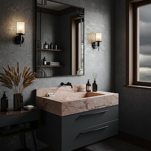 Wall Mount Sink In Pink Violet Marble, Custom Stone Sink Vanity Top For Bathroom Interior Design And Modern Powder Room Style M3F64