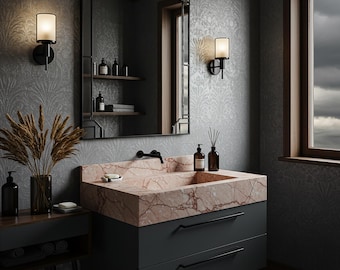 Wall Mount Sink In Pink Violet Marble, Custom Stone Sink Vanity Top For Bathroom Interior Design And Modern Powder Room Style M3F64