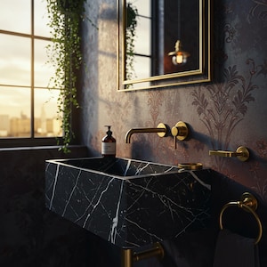 Nero Marble Floating Sink, Wall Mounted Stone Sink for Luxury Bath, Custom Black Marble Vanity for Modern Bathroom Interior Design M3S79