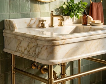 Calacatta Viola Fluted Vanity Washbasin with Backsplash and Wood Vanity, Artisan Finished Marble Detail