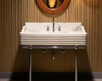 White Carrara Marble Sink – Custom Fluted Vanity with Bold Veining for Modern & Classic Bathrooms M3M034