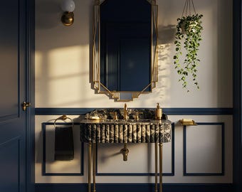 Fluted Marble Sink In Picasso Marble, Wall Mount Sink Vanity Console With Stone Sink Basin For Elegant Bathroom Interiors M3M90