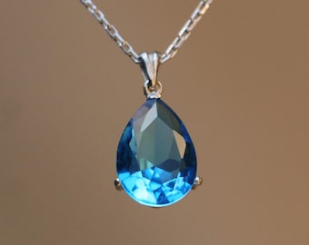 London Blue Topaz Pear Cut Necklace, 925 Sterling Silver or Gold, 10x14 Teardrop Pendant, Minimalist Women's Fine Jewel Gift, Dec Birthstone