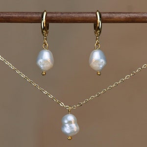 14 Gold Pearl Earring Necklace Set Jewelry, Fresh Water Pearl Pendant, Pearl Necklace Set, Bridesmaid Gifts, Anniversary Wedding Jewelry Set