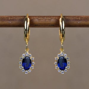 14k Gold Blue Sapphire Earrings, Oval Cut Blue Gemstone, Halo Earrings, Stud Earrings, September Birthstone, Gifts For Mom, Sterling Silver