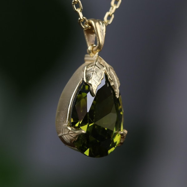 Peridot Teardrop Necklace, Sterling Silver Leaf Pendant, August Birthstone, Dainty Christmas Gift