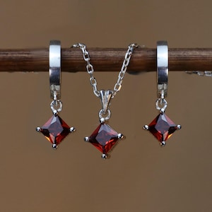 Princess cut Garnet 925 Silver Set, 14k Gold Plated Necklace, Garnet Earrings, Dainty Birthstone Necklace, Bride Gift,  Anniversary Gift