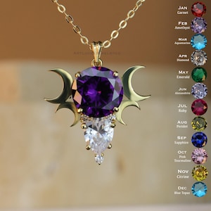 Amethyst GODDESS HECATE Necklace, 925 Sterling Silver Witchy Triple Moon Goddess Charm, Ancient Greek Goddess Necklace, Mythological Jewelry