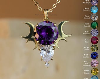 Amethyst GODDESS HECATE Necklace, 925 Sterling Silver Witchy Triple Moon Goddess Charm, Ancient Greek Goddess Necklace, Mythological Jewelry