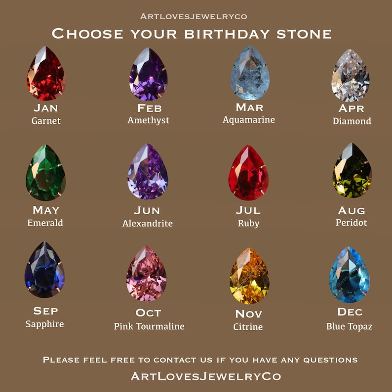 May include: A chart showing the birthstones for each month of the year. The chart features a teardrop-shaped gemstone for each month, with the name of the month and the gemstone below each image. The gemstones are: Garnet, Amethyst, Aquamarine, Diamond, Emerald, Alexandrite, Ruby, Peridot, Sapphire, Pink Tourmaline, Citrine, and Blue Topaz.
